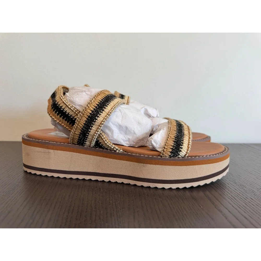 Dolce Vita Yankee Platform Sandals Women Size 11 Tan Black Woven Raffia Straps